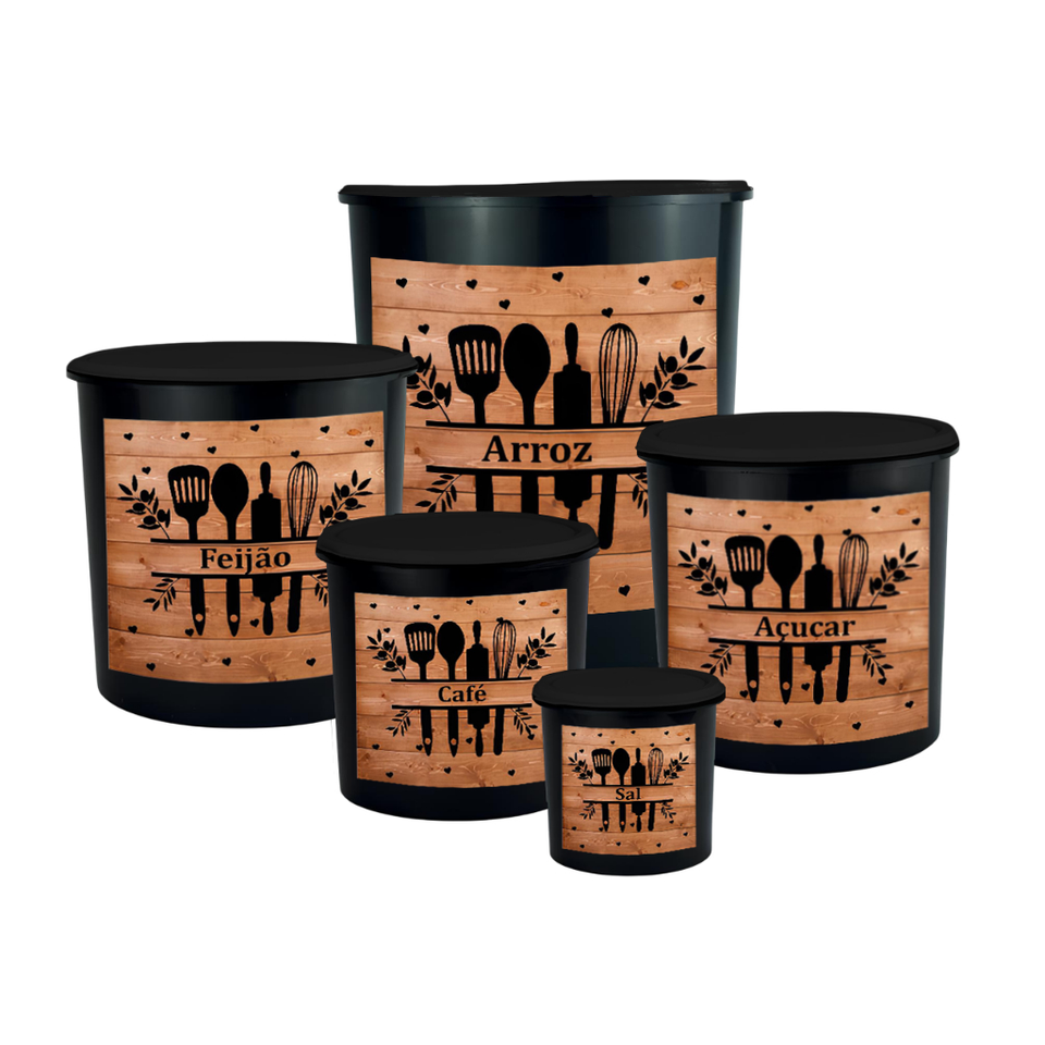 Kit 5 Potes Mantimento Jogo Plástico Porta Mantimentos e Organizadores de cozinha com Adesivo