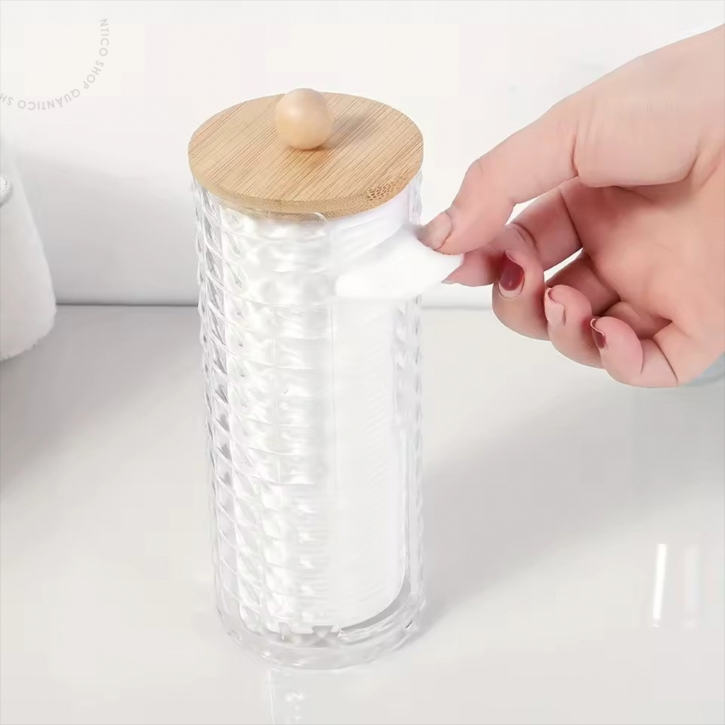 Organizador Tampa Bambu Porta Algodão ou Porta Cotonete Acrílico