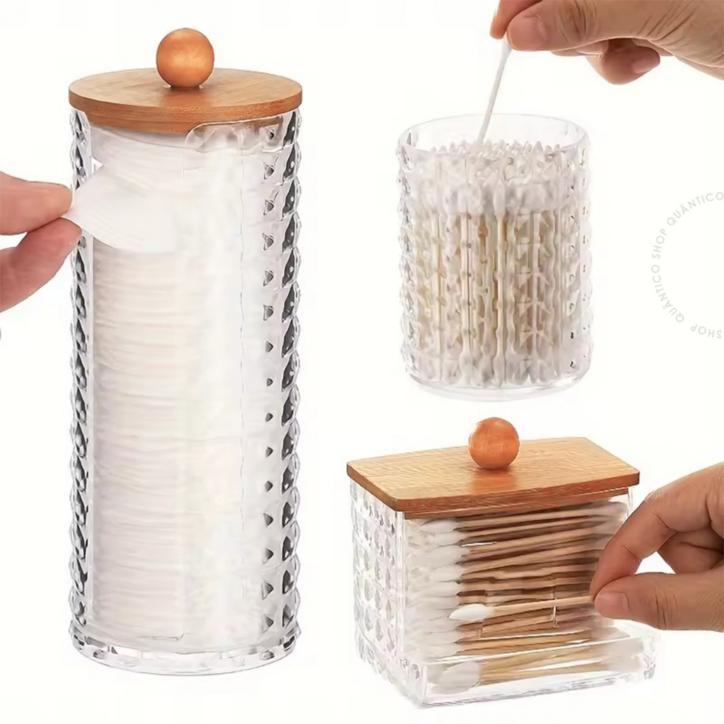 Organizador Tampa Bambu Porta Algodão ou Porta Cotonete Acrílico