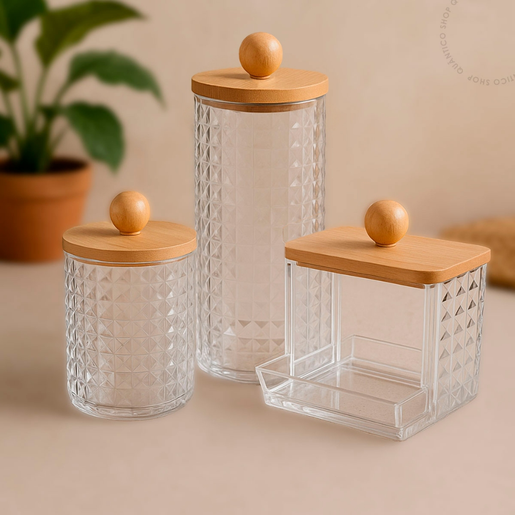 Kit Organizador com Tampa de Bambu - Porta Algodão e/ou Porta Cotonete
