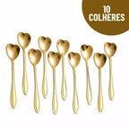 Kit 5 ou 10 Colheres de Chá Formato Coração Dourado - Aço Inoxidável