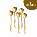 Kit 5 ou 10 Colheres de Chá Formato Coração Dourado - Aço Inoxidável
