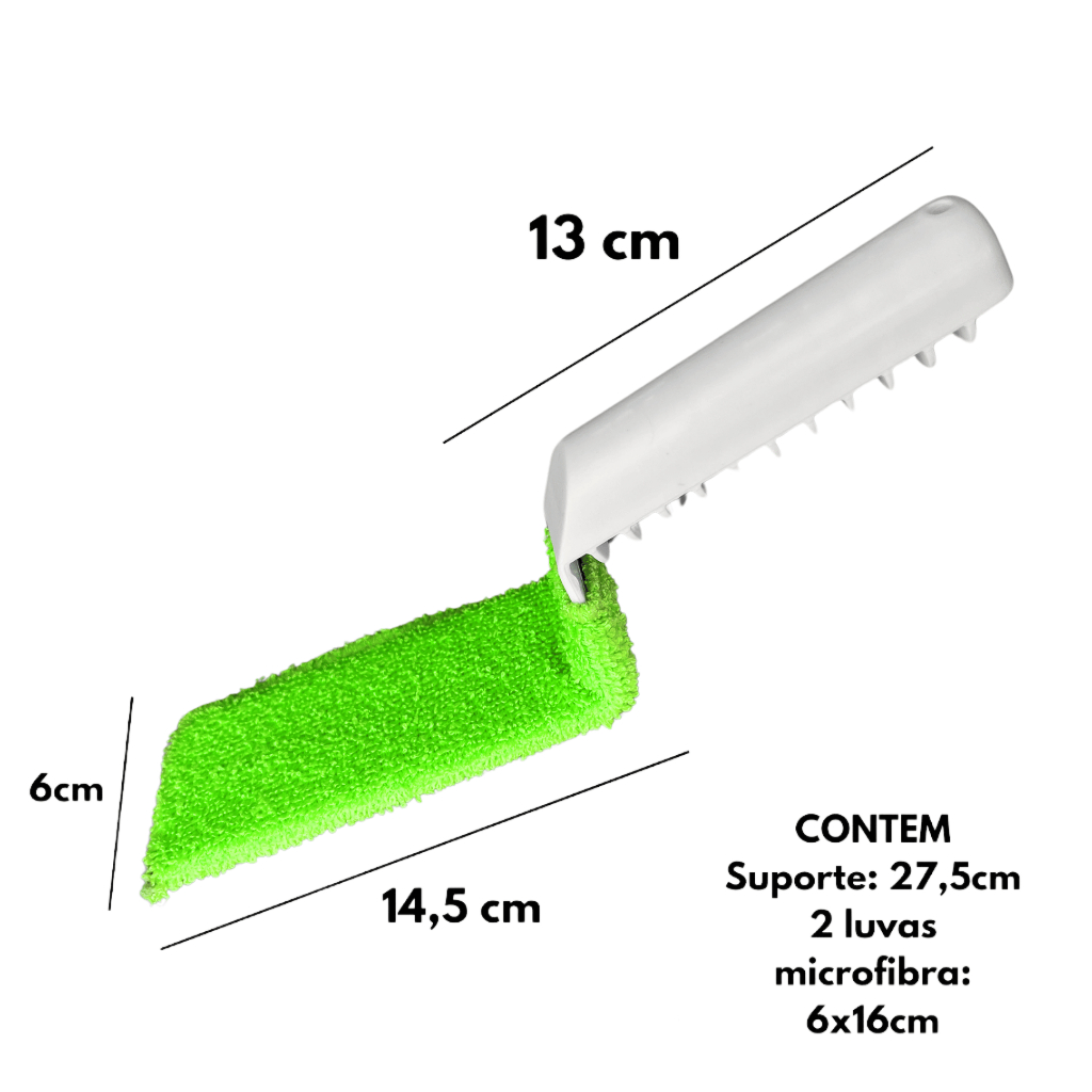 Limpa Vidros Frestas Vãos Fendas Box Janelas Blindex - 2 Luva Microfibra + SUPORTE REFORÇADO