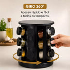 Porta Temperos Giratório - 9 Potes de Vidro com Tampa Dosadora