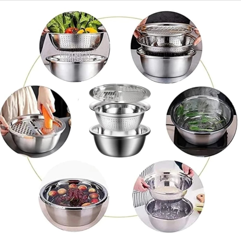 Kit 3 Em 1 Ralador 4 Laminas, Escorredor para Macarrão, Tigela 24cm / 26cm Inox Aço Inoxidável