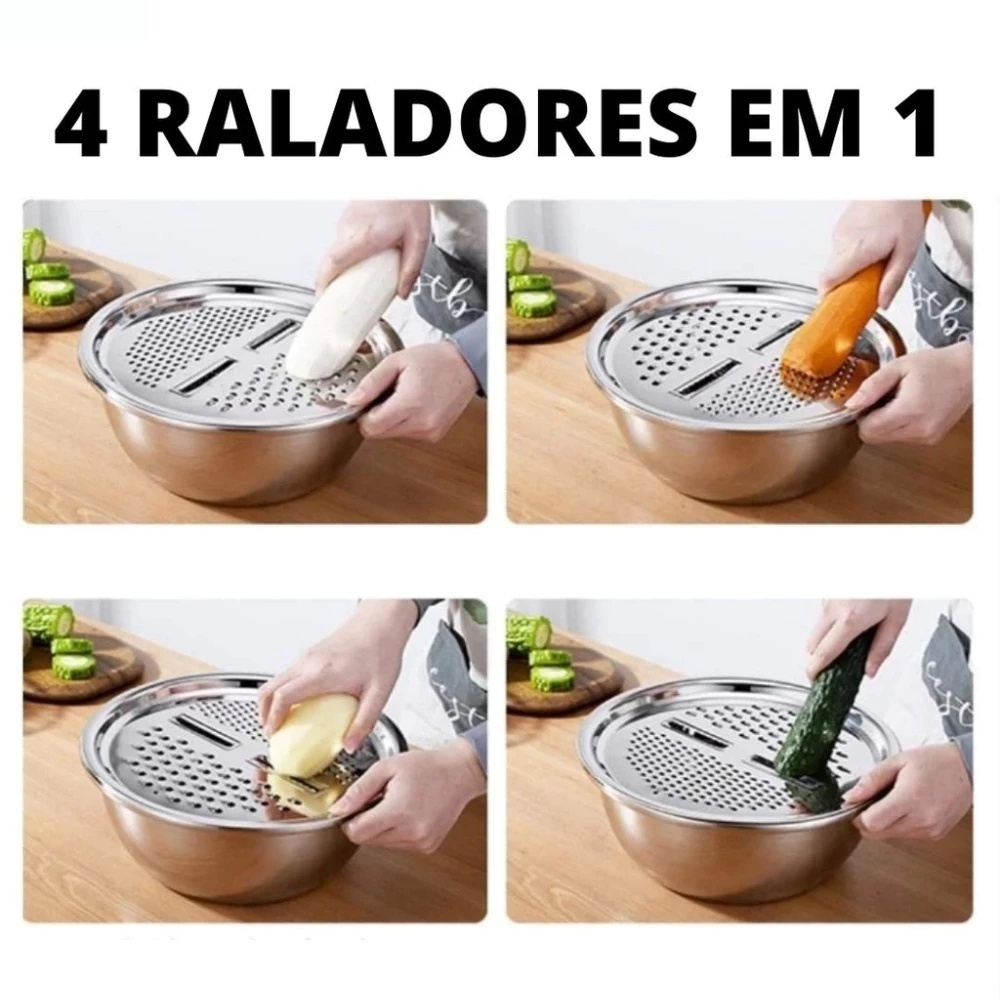 Kit 3 Em 1 Ralador 4 Laminas, Escorredor para Macarrão, Tigela 24cm / 26cm Inox Aço Inoxidável