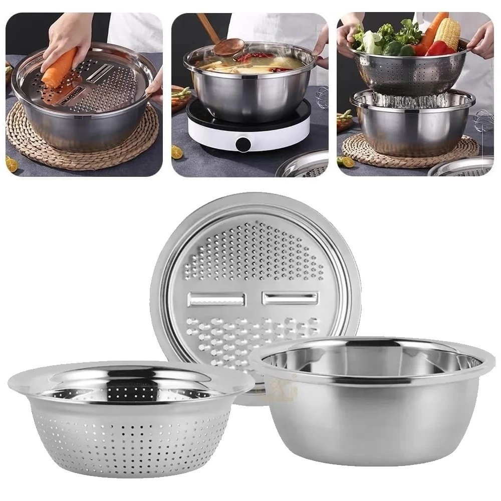 Kit 3 Em 1 Ralador 4 Laminas, Escorredor para Macarrão, Tigela 24cm / 26cm Inox Aço Inoxidável