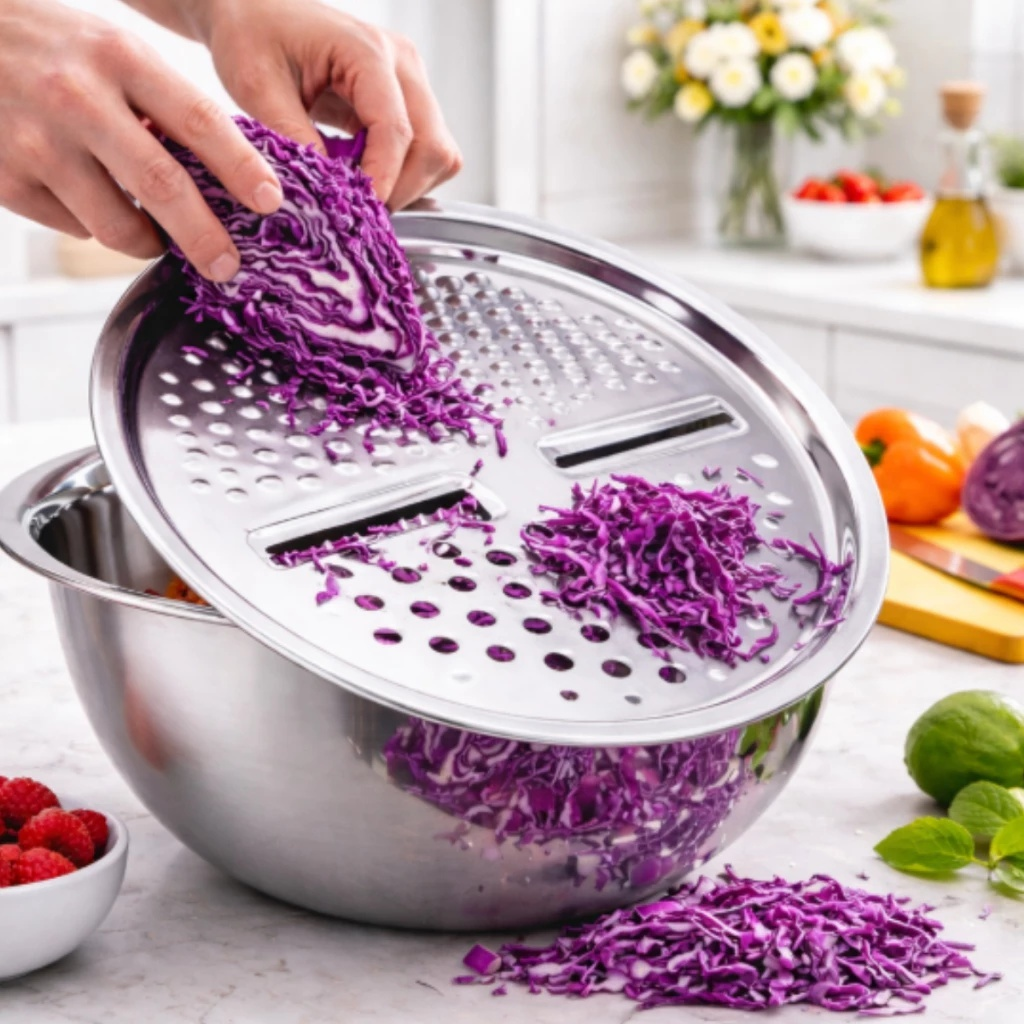 Kit 3 Em 1 Ralador 4 Laminas, Escorredor para Macarrão, Tigela 24cm / 26cm Inox Aço Inoxidável