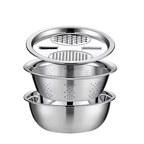 Kit 3 Em 1 Ralador 4 Laminas, Escorredor para Macarrão, Tigela 24cm / 26cm Inox Aço Inoxidável