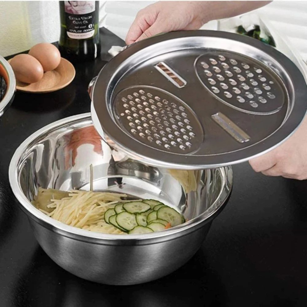 Kit 3 Em 1 Ralador 4 Laminas, Escorredor para Macarrão, Tigela 24cm / 26cm Inox Aço Inoxidável